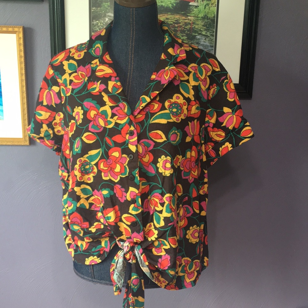 Modcloth Tie/Button Front Linen/Rayon Blouse/Top